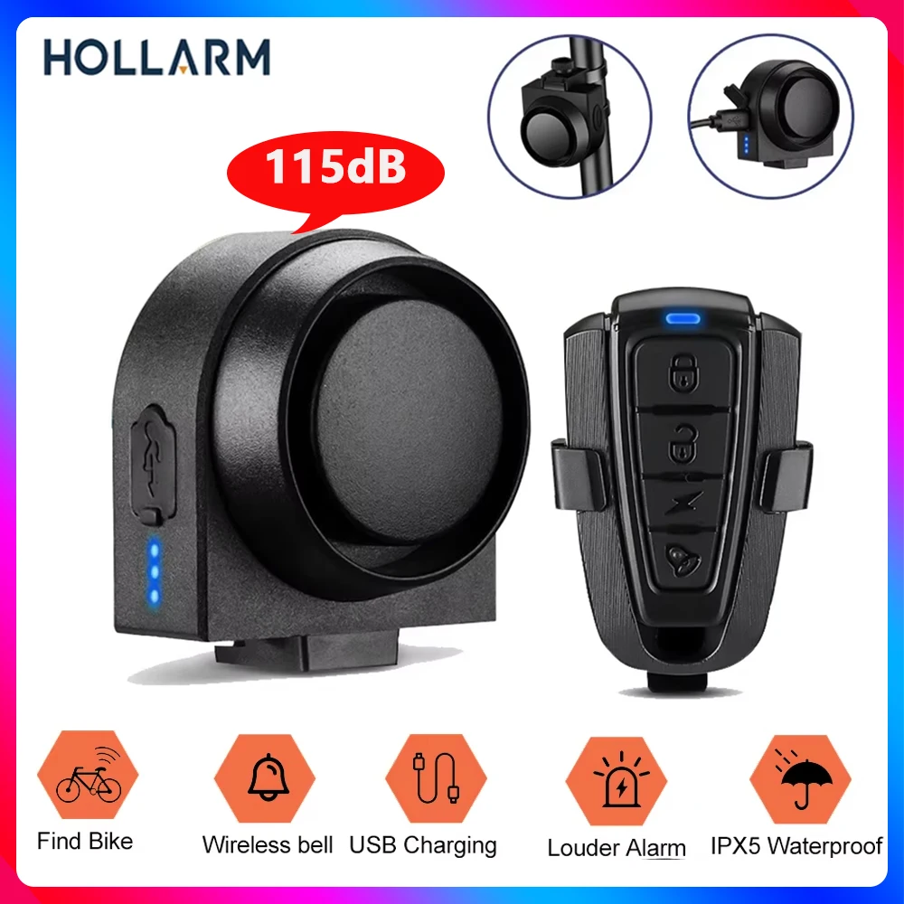 

Hollarm Wireless Bike Vibration Alarm Waterproof USB Charging Motorcycle Electric Bicycle Security Burglar Alarm Bell Bike Finde