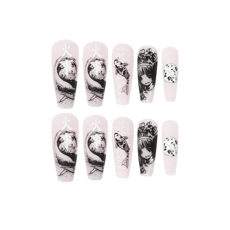 Sea Wave Carp Japanese Style Doodle False Nails Detachable Nude Pink Long Coffin Fake Nails with Glue Full Cover Press on Nails