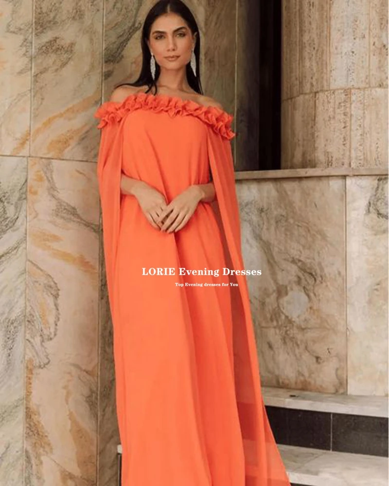 Lorie-Laranja Strapless Ruffles Vestido de Noite Chiffon, Vestido de Baile Árabe, Cabo A-line, Dubai Wedding Party Dress