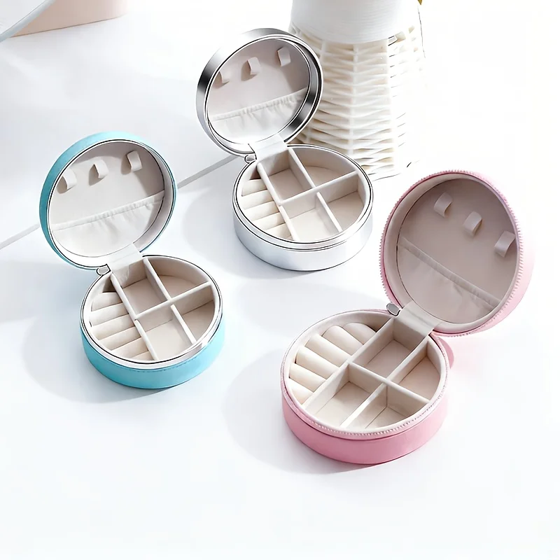 

4PCS Round Travel Jewelry Box – Mini Portable Jewelry Organizer for Women, Small PU Leather Earring Ring, Necklace Storage Case