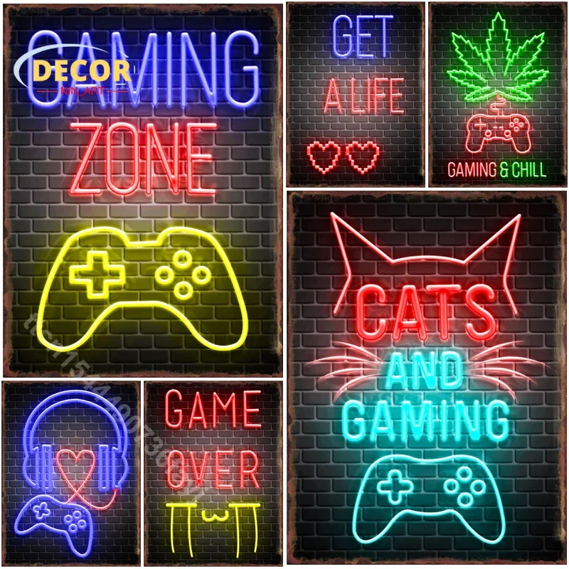 Neon Game Quotes Metal Tin Sign Gaming Zone Poster for Cats Chill Get A Life Iron Plate Art Aesthetic Decoration Wall Room Decor