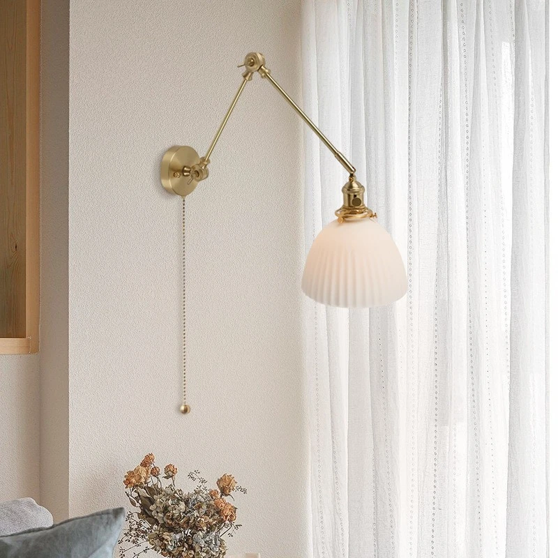 Pull Chain Switch Ceramic LED Wall Lights Copper Swing Long Arm Scalable Lamps Corridor Bedside Study Aisle Nordic Wall Sconces