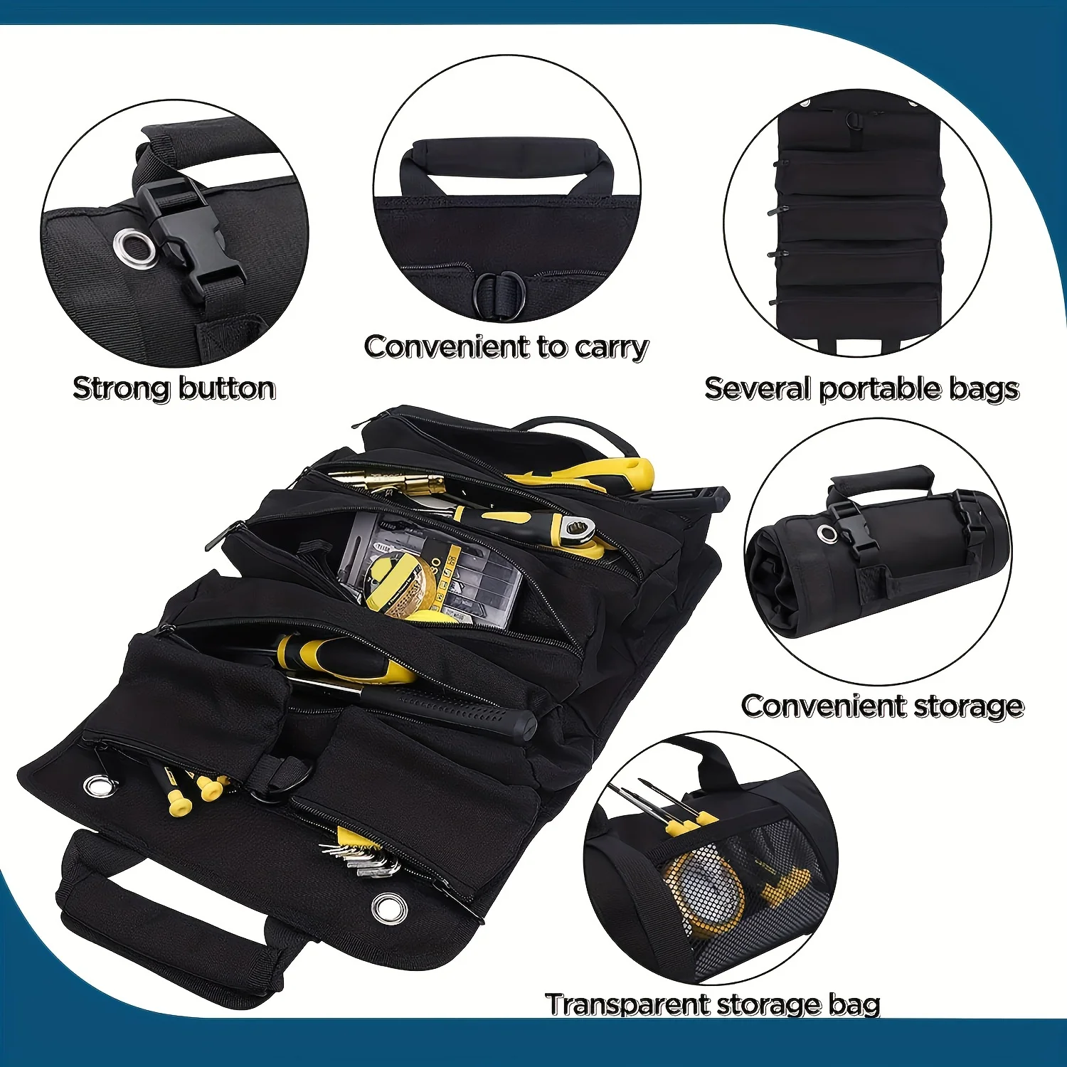 Tool Bag Organizer - Small Tool Bag With Detachable Pouches , Heavy Duty Roll Up Tool Bag Organizer With 6 Tool Pouches