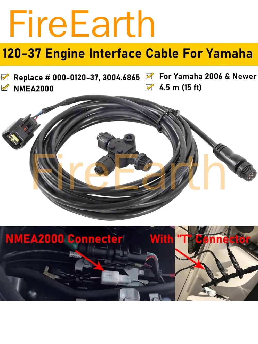 4.5M Cable with T Connector For Yamaha Engine Interface NMEA2000 Cable  Connection  for Yamaha 2006 & Newer
