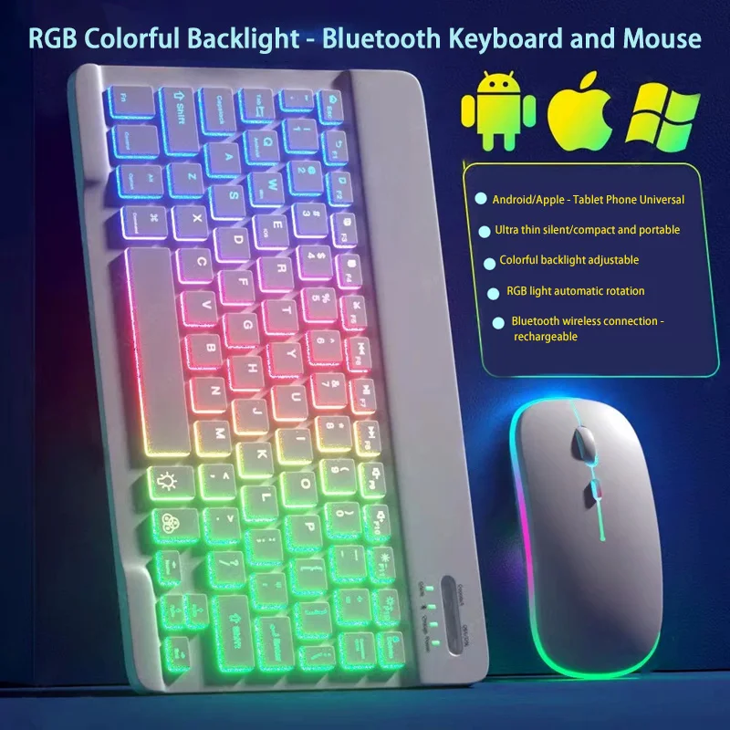 مجموعة لوحات مفاتيح وماوس صغيرة بإضاءة خلفية بلوتوث لاسلكية من Xiaomi RGB ملونة متدرجة ومضيئة لوحة مفاتيح وماوس صغيرة لجهاز Apple Samsung Tablet