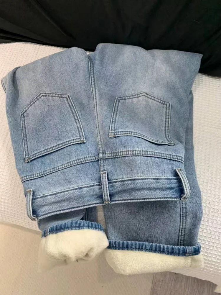 بالإضافة إلى حجم Fce اصطف ثي الدنيم السراويل النسائية الخريف الشتاء عالية الخصر مستقيم الساق الطابق طول السراويل الدافئة #4