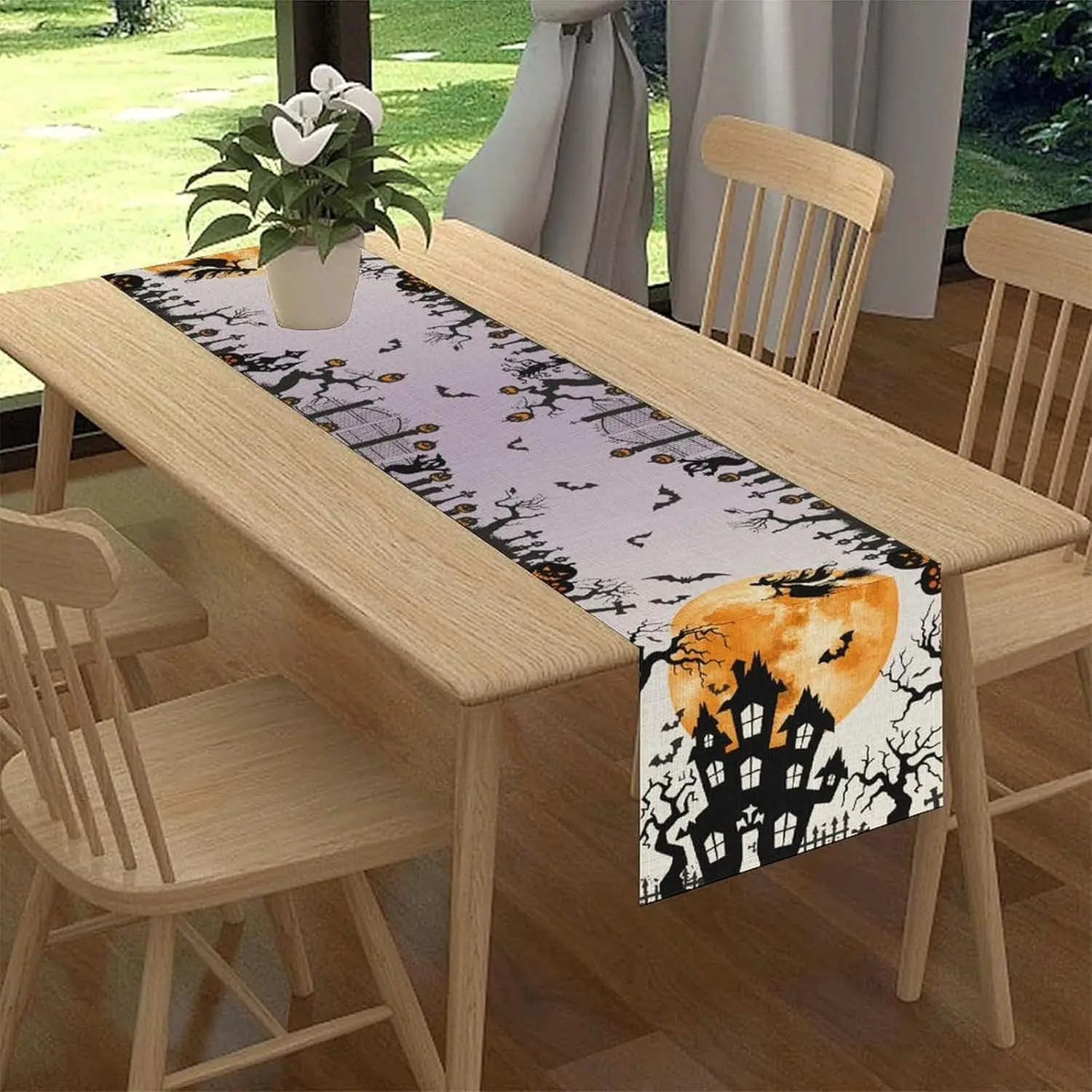 Halloween Spooky Ghost Pumpkin Haunted House Linen Table Runner Tabletop Decor Reusable Kitchen Dining Table Runner Party Decor
