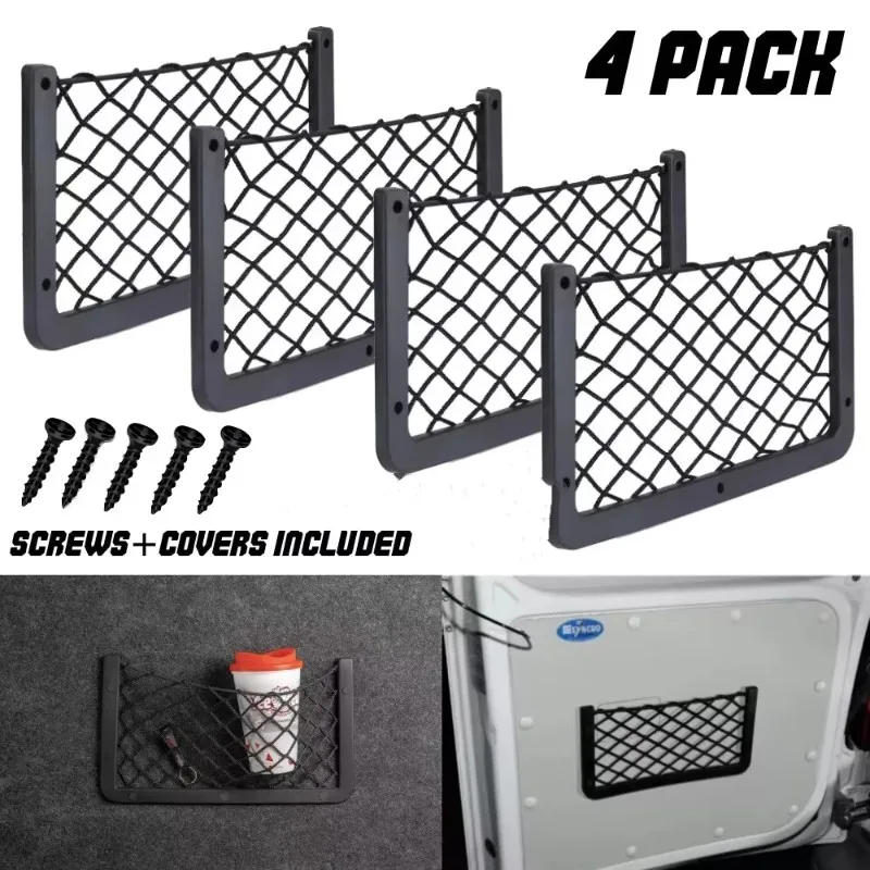 4 Stück Auto-Aufbewahrungsnetz für Türverkleidung und Rücksitz, 36x18cm, mit Gurten, Gummibändern und elastischen Klammern für Bus, LKW, Wohnmobil, Reisemobil