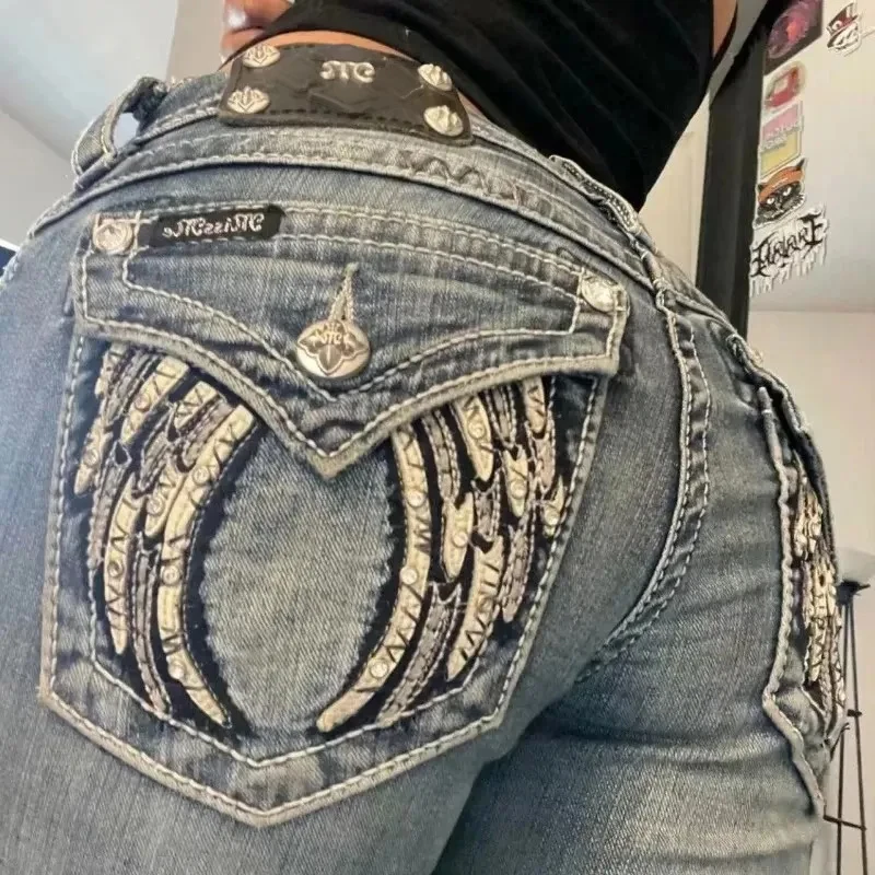 90s Vintage Jeans Female Y2K New Blue Jeans Embroidered Wing Pocket Hip Hop Harajuku Gothic Wide Pants Streetwear Woman Trousers