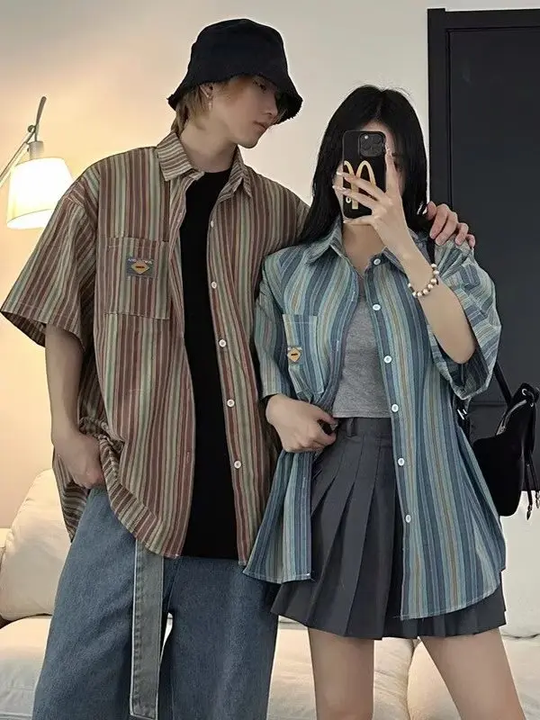 

Летний повседневный топ унисекс в полоску, винтажный стиль, свободный крой, в стиле Гонконг, для мужчин и женщин