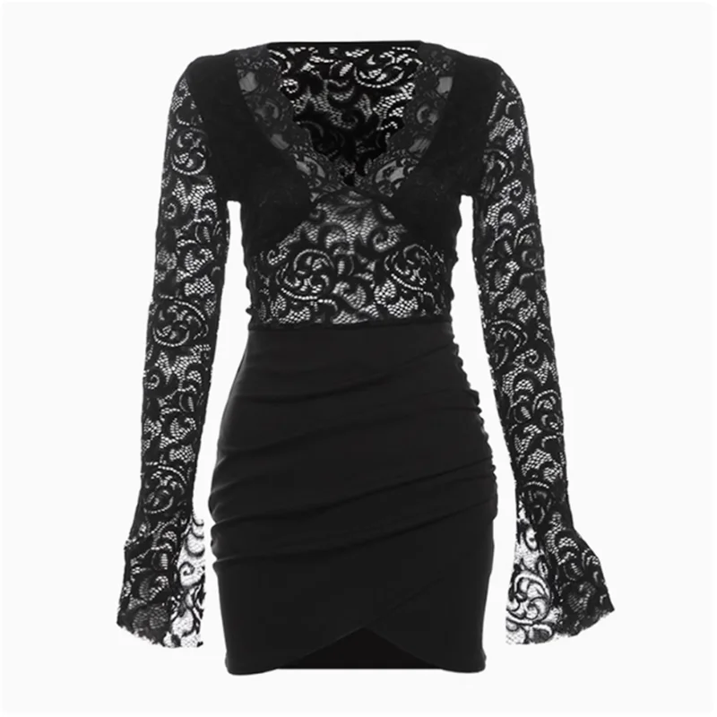 Seksowna Damska Nowa Przezroczysta Czarna Koronkowa Sukienka Mini z Naszywkami, Długi Rękaw, Dekolt w Serek, Obcisła Sukienka Ołówkowa na Imprezę