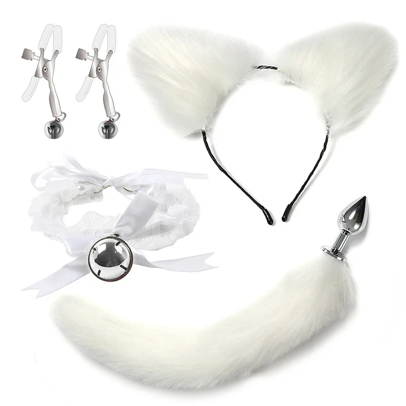 VaHppy SM BDSM ensembles de jouets sexuels jeu de rôle Fox 5 pièces/lot peluche Plug Anal queue cloche collier bouchons buccaux blanc/noir/rose jeux de Couple