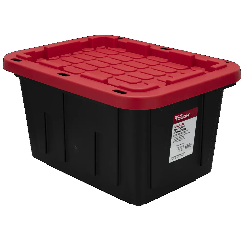 (2 pack) Hyper Tough 12 Gallon Snap Lid Stackable Plastic Storage Bin, Black/Red