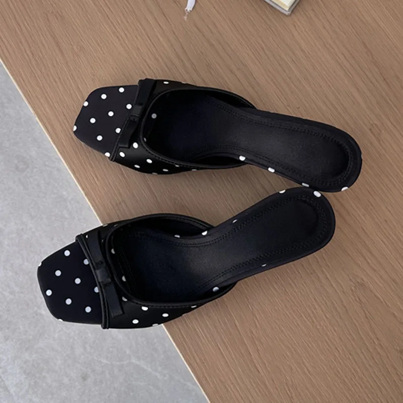 Eilyken High Quality Satin Polka Dot Square Toe Women Slippers Fashion Thin Low Heels Sandals Casual Party Dress Shoes - view 3