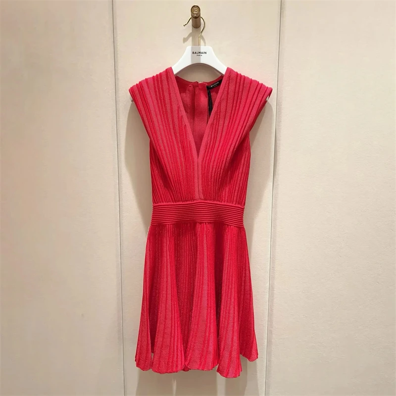 Y2K Hochwertige Sommer Neue V-ausschnitt Streifen Gestrickte Mix-Weben Ärmellose Weste Kleid Mode Lässig High-Taille A-linie Mini Rock