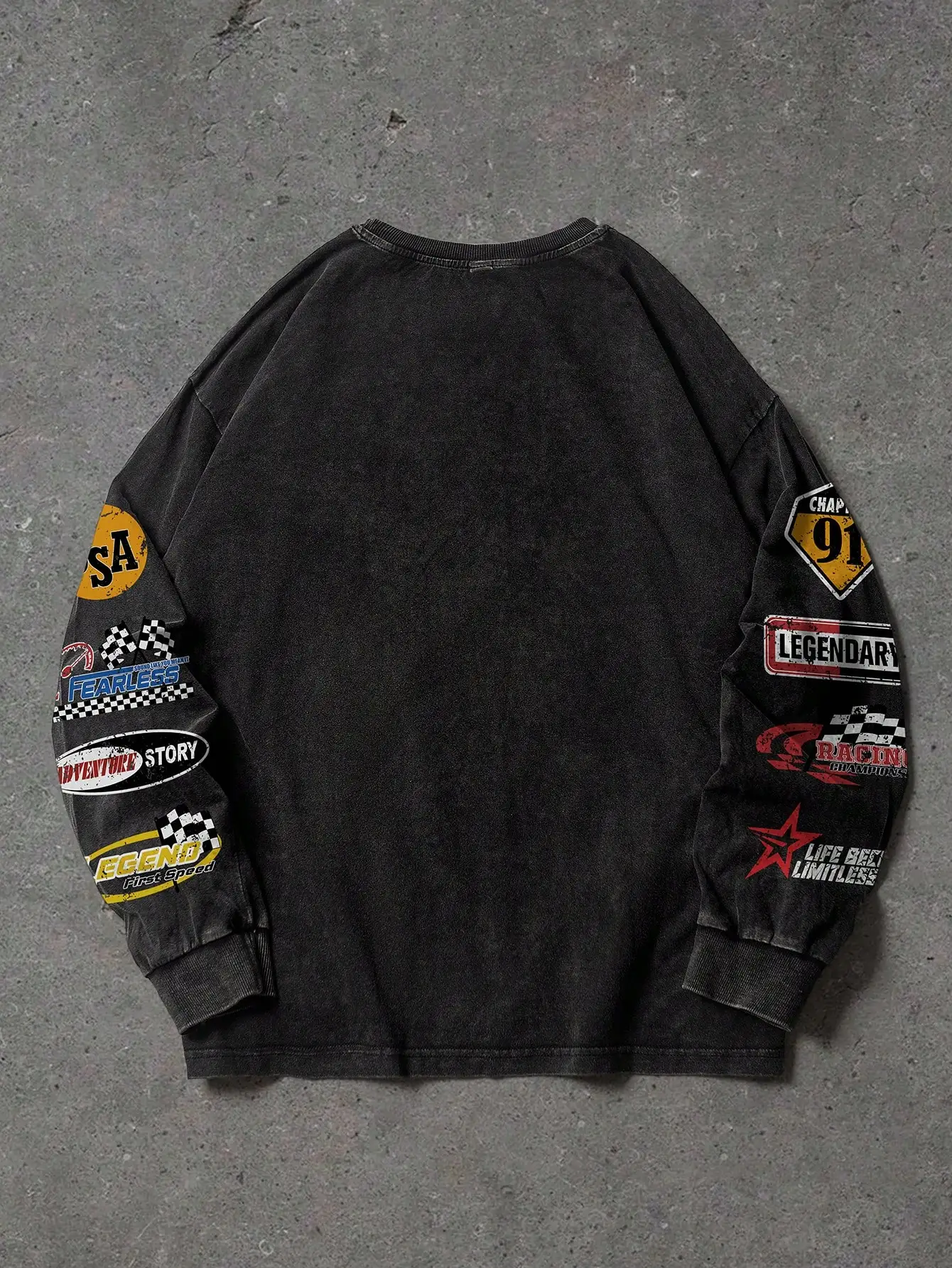 Vintage Washed Racing Slogan Graphic Print Long Sleeve T Shirt Men's Oversized Drop Shoulder Streetwear Casual Daily Wear Tee