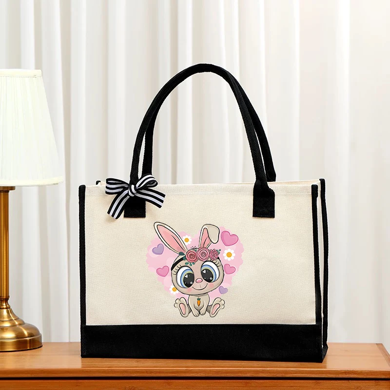 

Cartoon animal handbag shopping bag, portable eco-friendly grocery canvas bag, large capacity retro women's handbag