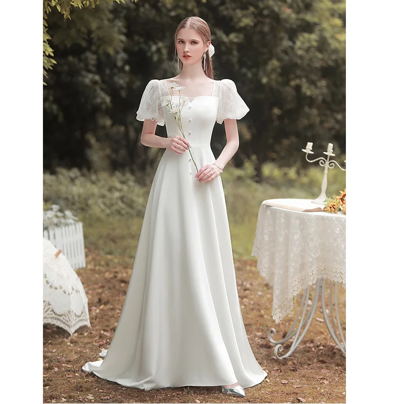 Korea Satin Lace Puff Sleeve Wedding Gowns Vintage Backless Party Dresses Evening Gown Formal Dress