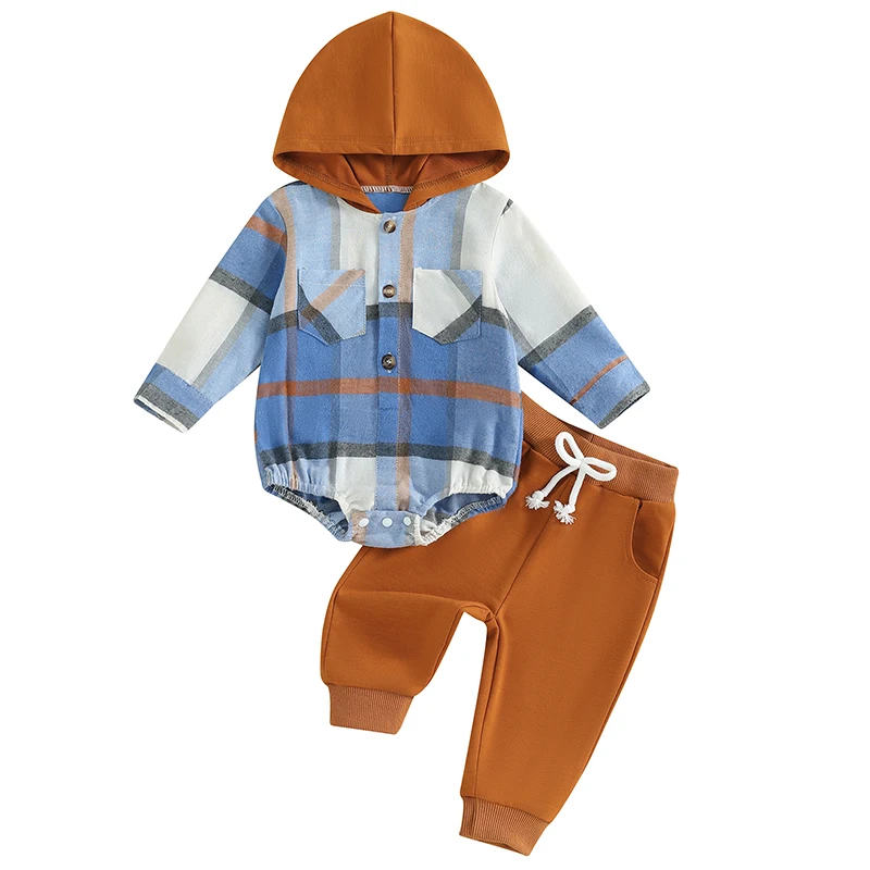 

2-Piece Baby Boys Plaid Set Chest Pocket Button Long Sleeve Hooded Romper Long Trousers Outfits