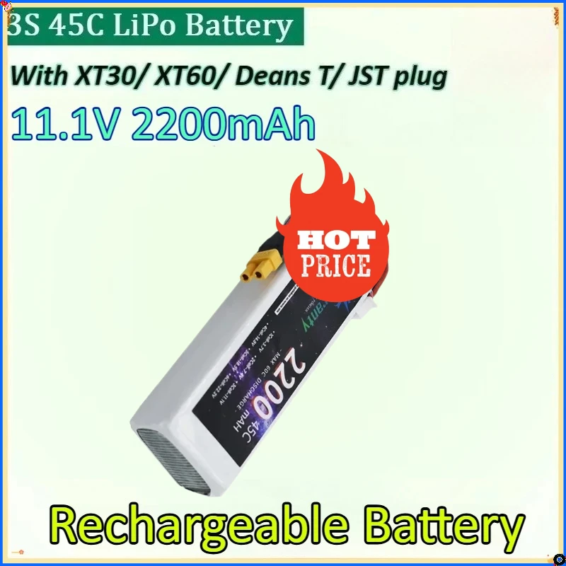 

With XT30 XT60 Deans T JST Plug Connector LiPo Battery New 11.1V 2200mAh 3S 45C for RC Car FPV Drones Boats Helicopters Vehicles