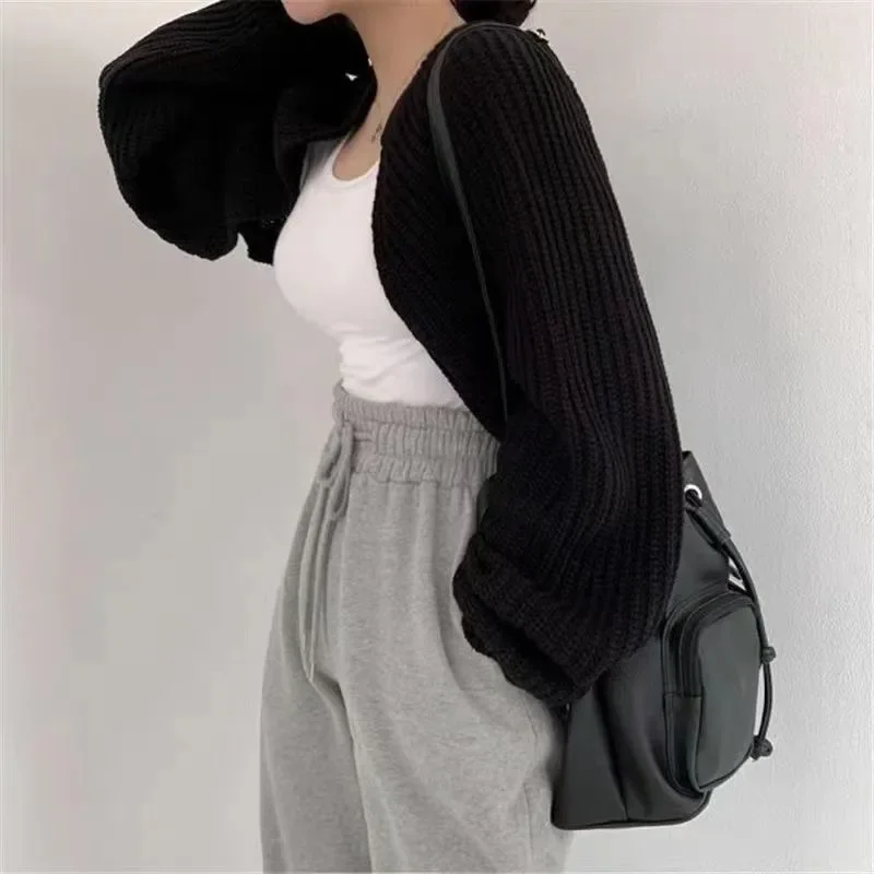 Clearance Lantern Sleeve Sweater Cowl Coat Women's Cardigan Bishop Sleeve Autumn Versatile Sweater Ultra Short Fashionable Top