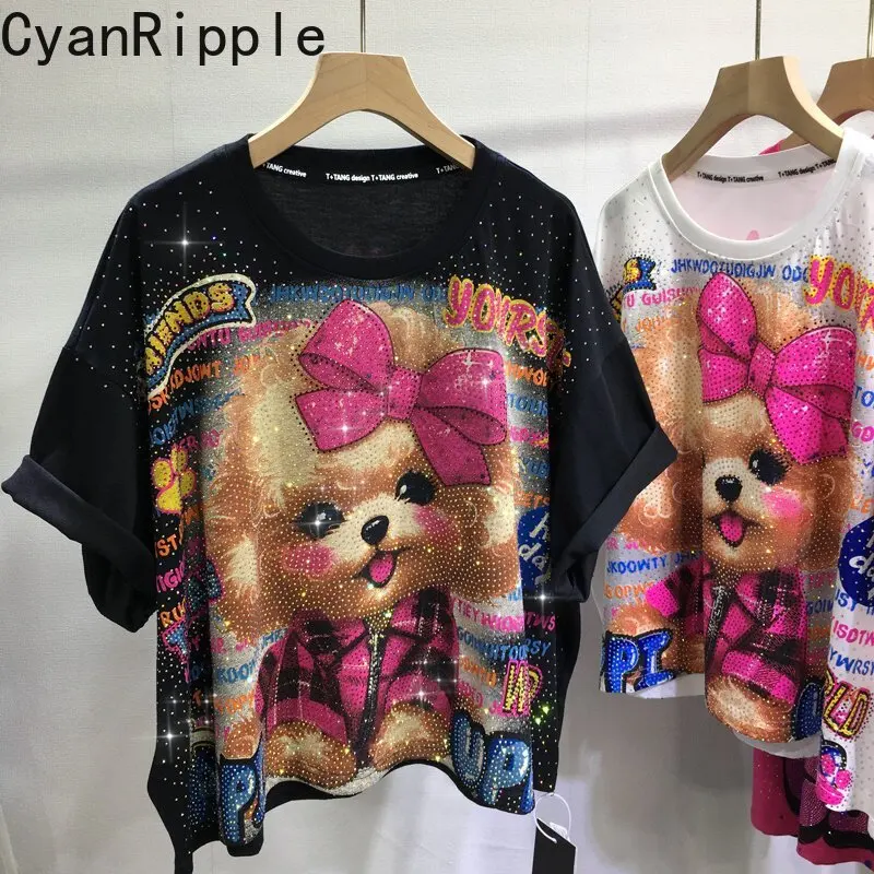 

All-match Spring Summer Women Loose Short Sleeve T-shirt Sweet Dog Hot Diamonds Round Neck Pullover Top Oversize Cotton Tees