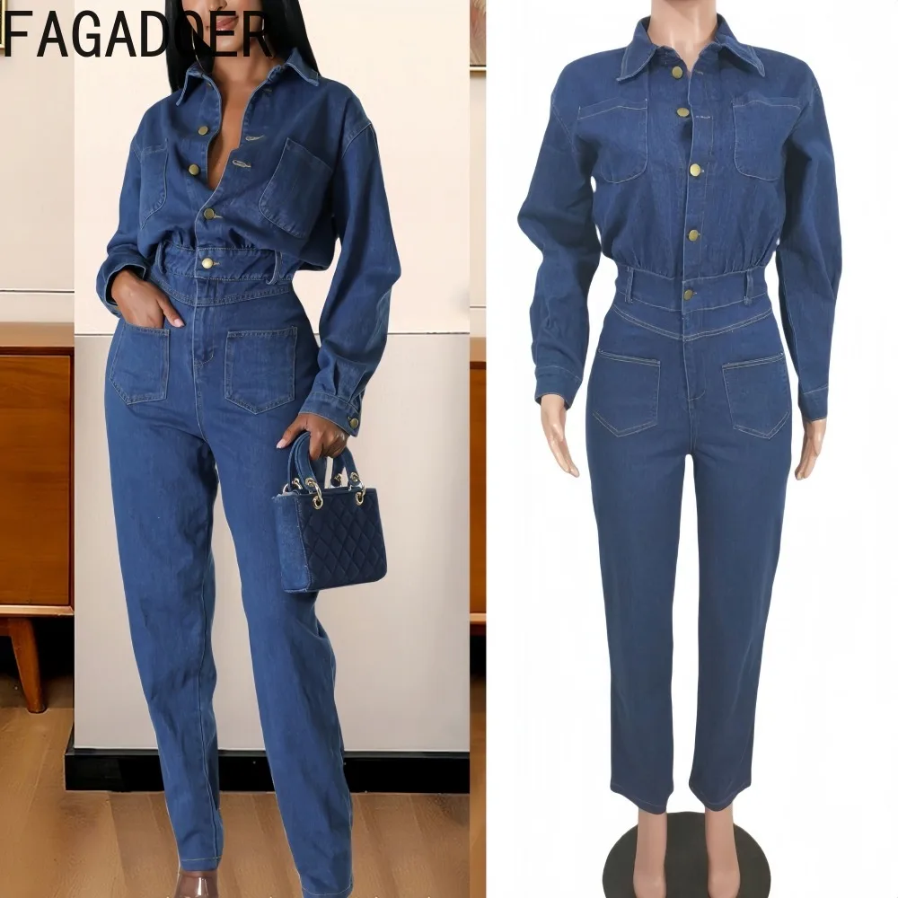 

FAGADOER Fashion Cargo Pocket Patchwork Bodycon Jumpsuits Woman Solid Color Long Sleeves Button Female Streetwear Overalls New