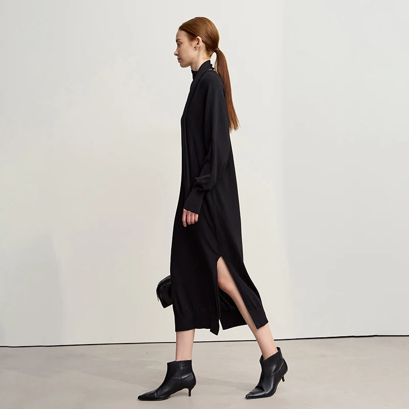 فستان Amii للمرأة 2025 شتاء جديد بلون فضفاض من الصوف المرن فساتين طويلة أنيقة مجوفة ملابس نسائية 12554076