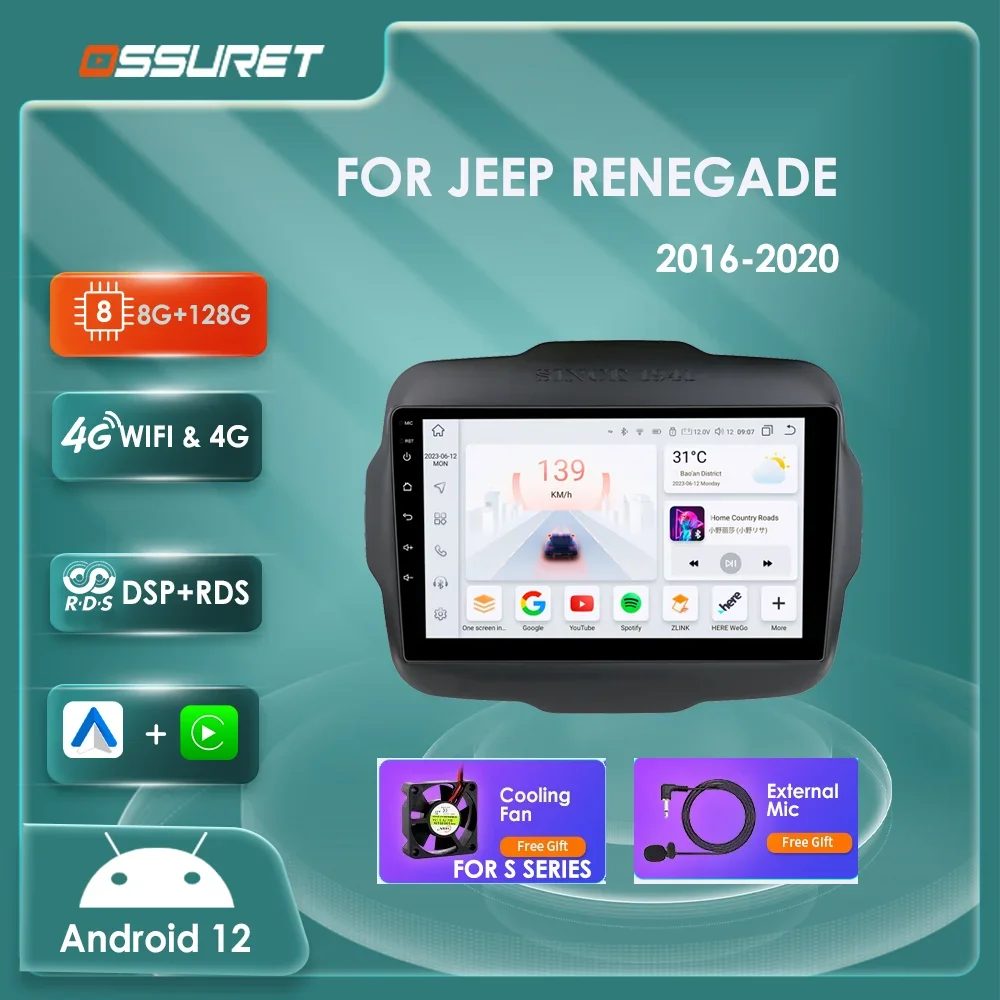 

Autoradio Android 12 for Jeep Renegade 2016 - 2020 Car Multimedia Video player Stereo 7862 DSP Carplay 4G WIFI GPS navi screen