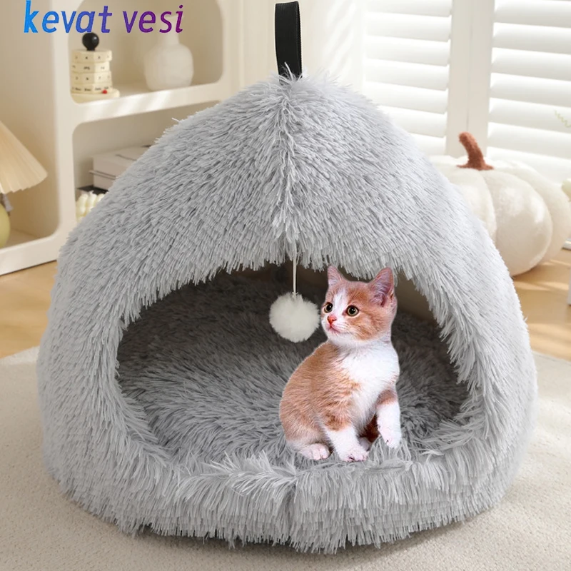 Long Plush Cat House Winter Warm Pet Cat Sleeping Nest with Ball Toy Non-slip Cozy Dog Kennel Puppy Kitten Cave Pet Supplies