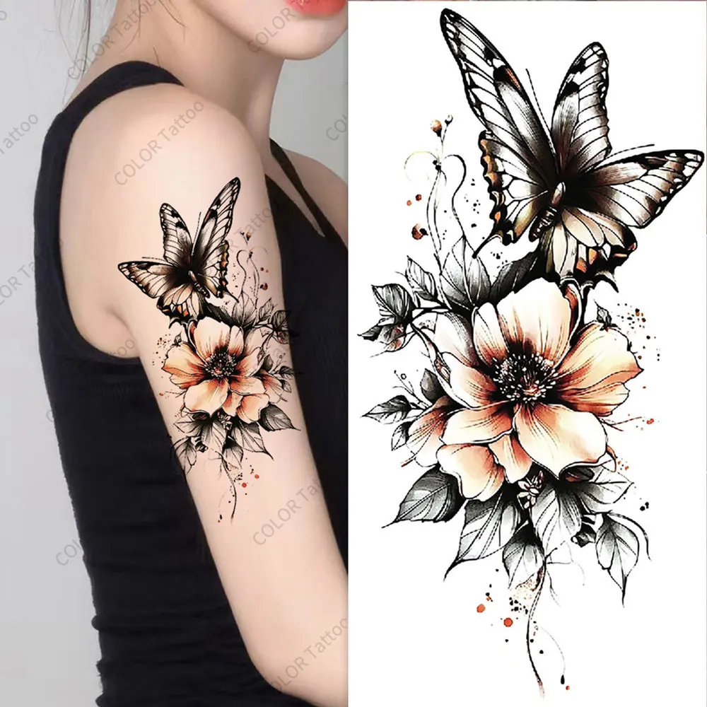 Pegatinas de tatuaje de mariposa realistas para mujer, decoración corporal para brazo, tatuajes temporales de flores impermeables, tatuaje falso desechable
