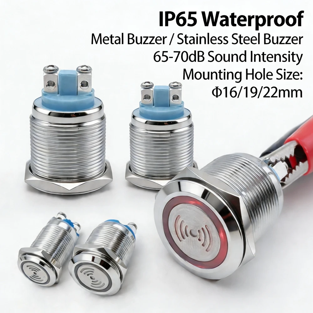 16mm 19mm 22mm Waterproof Metal Buzzer Flashing Red Light Alarm Speaker 12V 24V LED Intermittent Signal Light Waterproof IP65