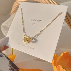 Simple Double Heart Pendant Necklace for Women Couple Stainless Steel Choker Gold Color Chain Wedding Party Friends Jewelry Gift