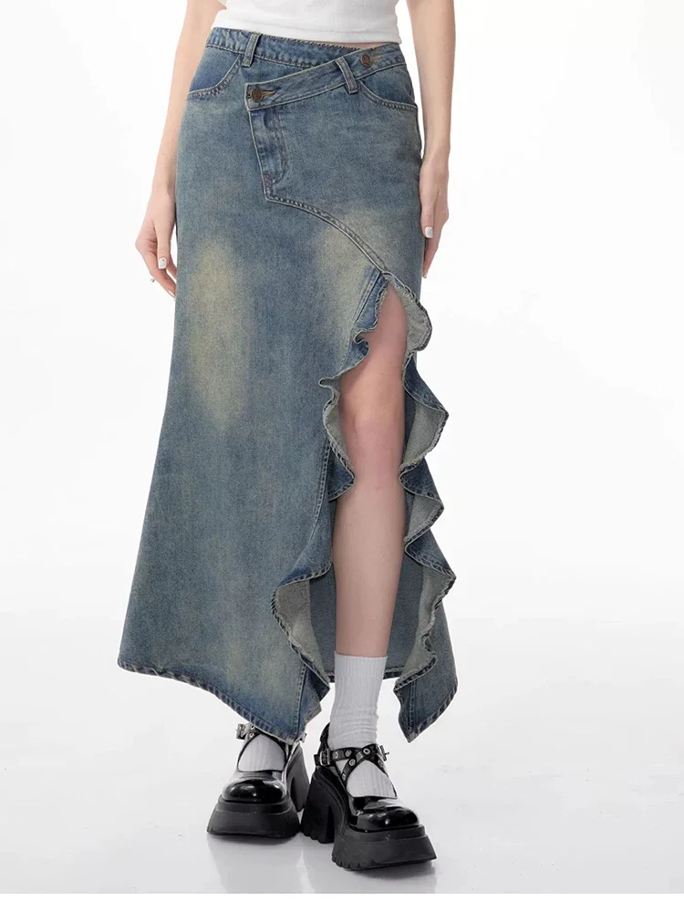 Summer New American Retro Women Skirts Blue Casual Loose Fashion Street A-line Skirts High Waist Slim Split Denim Skirts Female