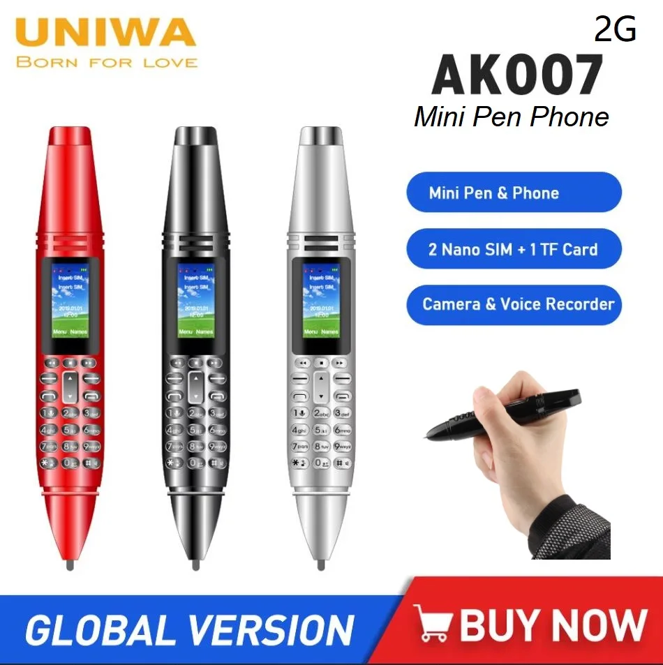 UNIWA AK007 2G Mini Pen Phone Dual Nano SIM Мобильный телефон 0,96 "50 мАч Мобильный телефон Bluetooth Dialer 0,08 МП Камера Диктофон