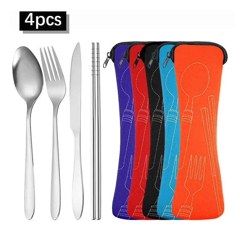 

4pcs Portable stainless steel cutlery set, knife, fork, spoon and chopsticks suitable for school, travel, camping, and work
