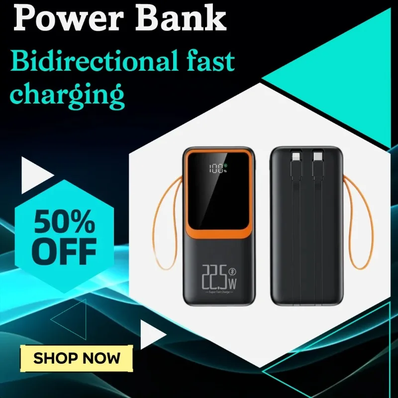 

20000/30000/50000mAh High capacity 22.5W Super Fast Charging Self Contained Cable Smart Digital Display Power Bank