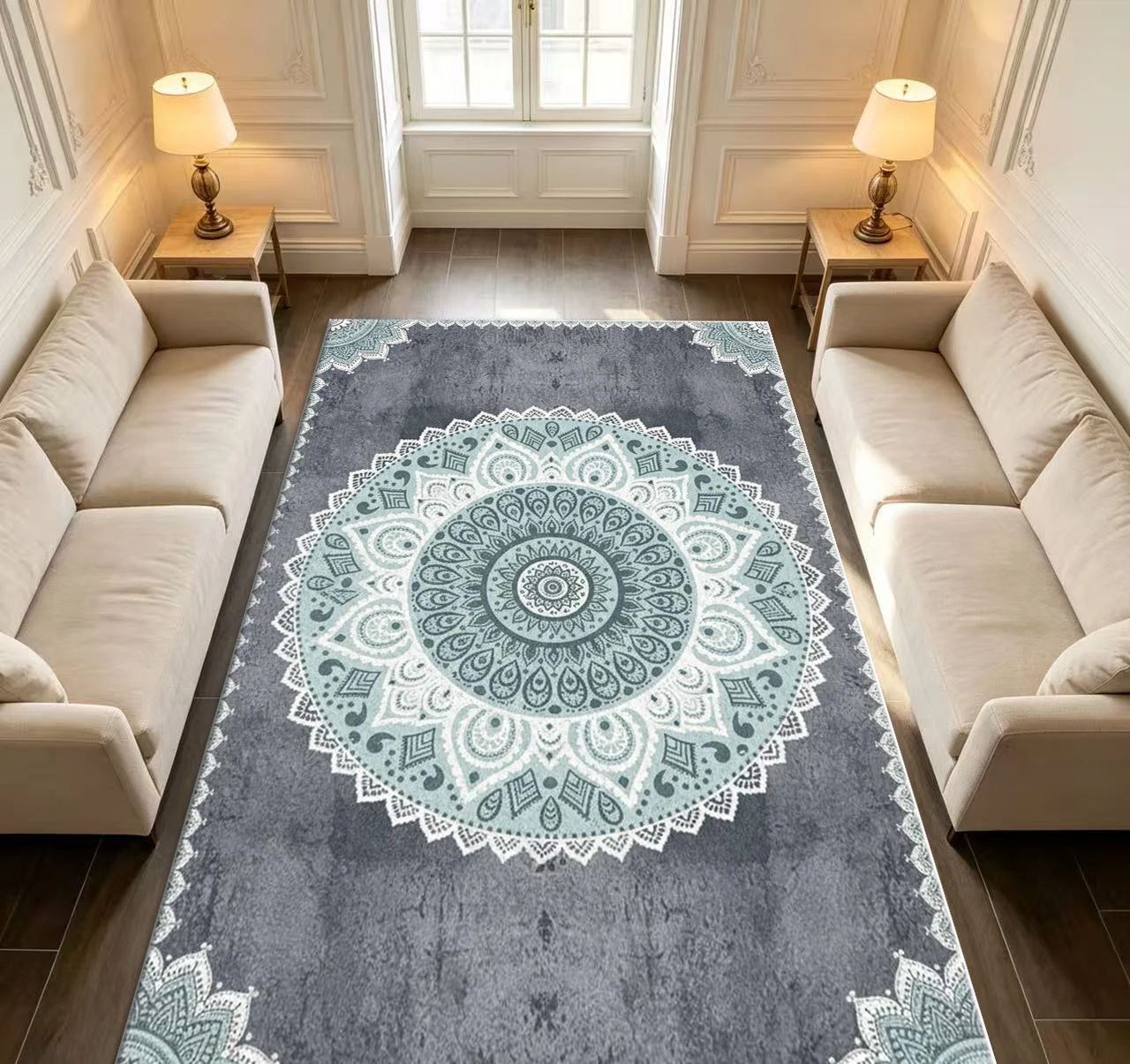 Grey Teal Boho Mandala Lace Style Square Area Rug Non-Slip Vintage Ornate Pattern Floor Carpet for Living Room Bedroom Home Decor