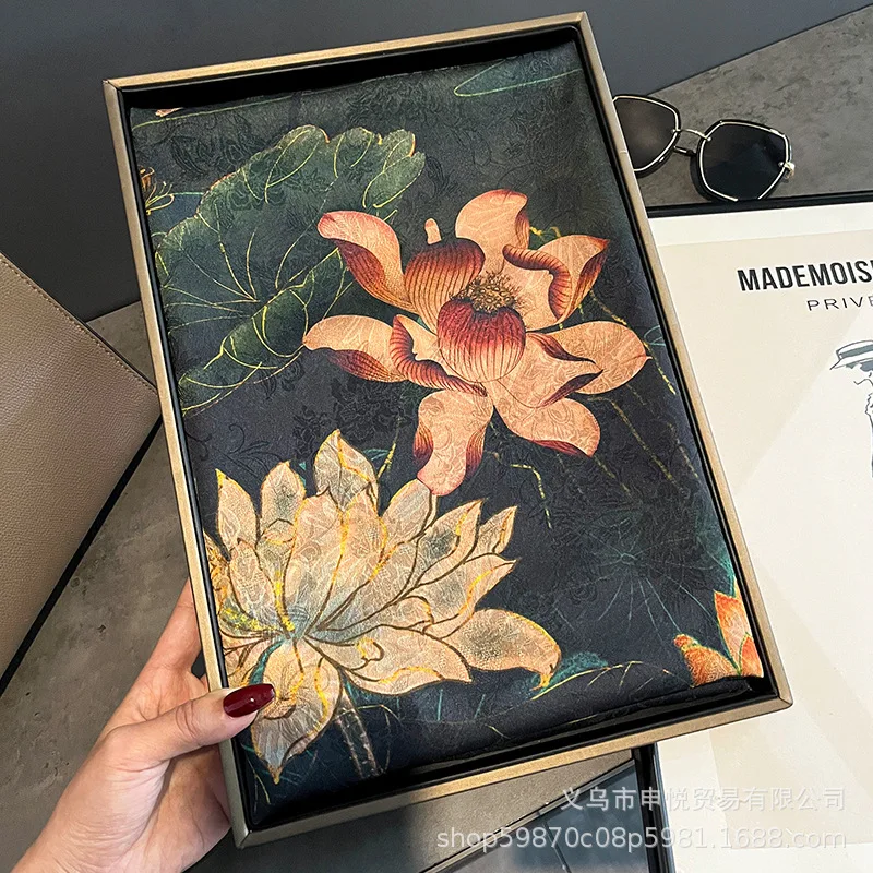 وشاح طويل راقِ على الطراز الصيني للنساء ، شاش سحابي عتيق ، طباعة زهرة لوتس ، شال مزدوج الوجهين اللون