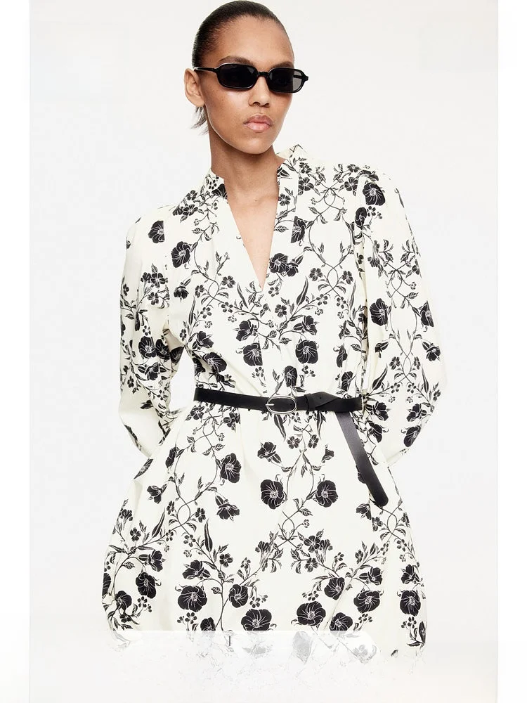 H&M Floral Print Dr with Belt And Bubble Hem Casual Sle Cotton A-Line Skirt ort Length V-Ne Spring Summer 2025