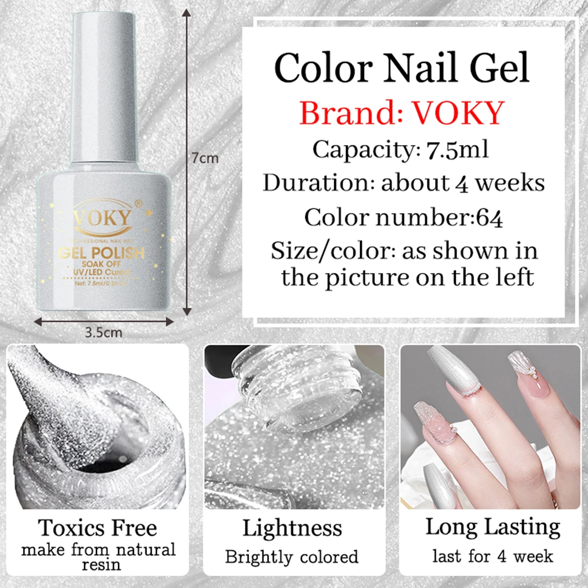 VOKY 7.5ml new feature Light colored Metallic Gel nail polish Spring/Summer Semi-Permanent Nail Soak UV/ LED Nail Art Gift