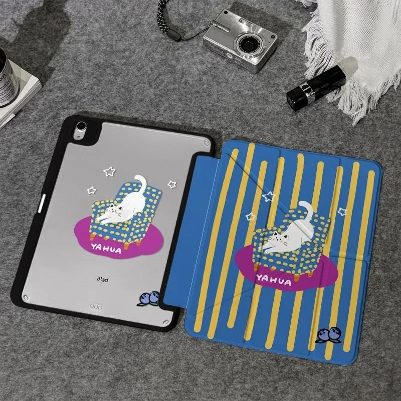 Cartoon Cute Cat Striped Pen Slot Tablet Case For iPad 2026 Air 8 7 6 4 3 2 1 Pro 2024 11in 12th 11 10 9 8 7 6 5th Cover