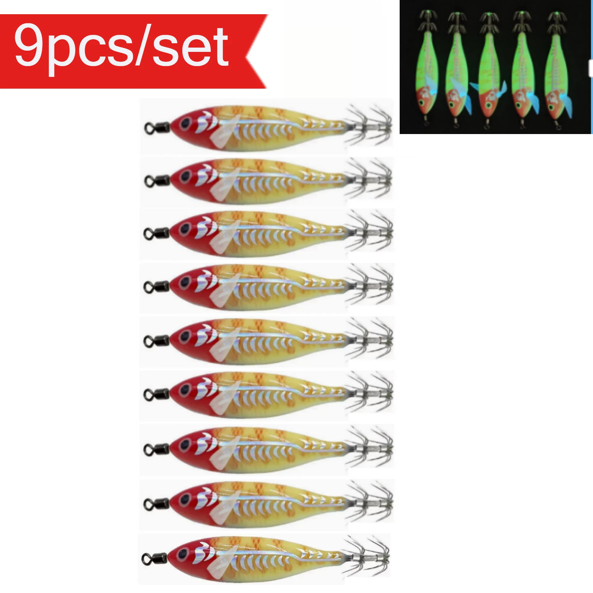 9 Stück/Set Leuchtender Tintenfisch-Jig 8cm/5,7g Garnelen-Angelköder Meeresfischerei-Zubehör Künstlicher Köder Oktopus-Köderhaken