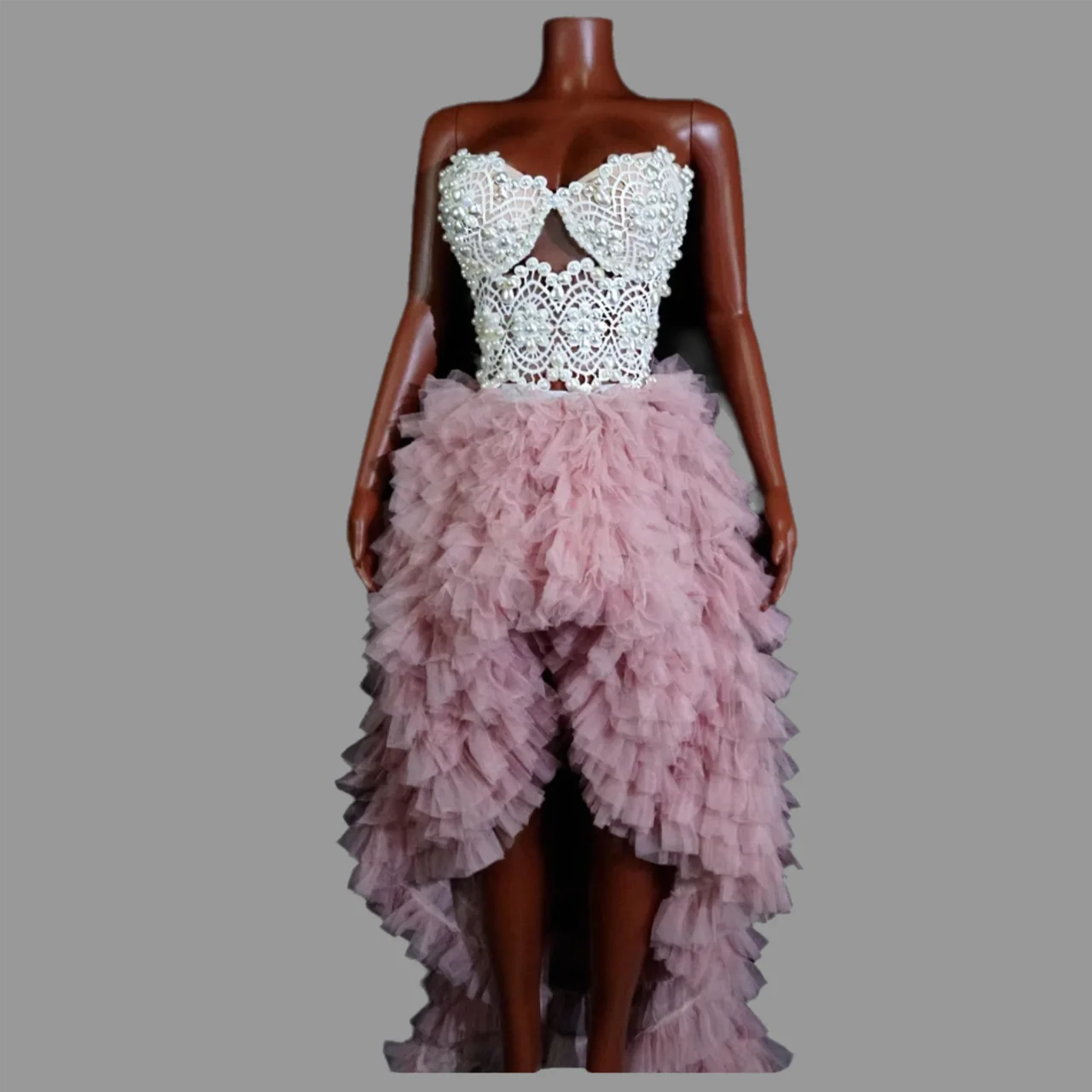 Elegant Long Dress Pearl Pink Two-Piece Sexy Evening Wedding Party Club Birthday Outfits Celebrate Stage Bar Drag Queen Costumes