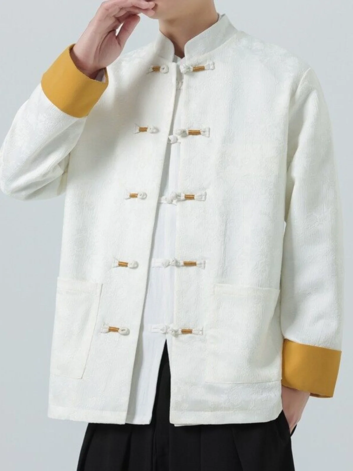 Casual Manin Collar Jaet Men's Youth Spring Autumn Sle National Trend Button Detail Silk Polyester Busin Gentleman