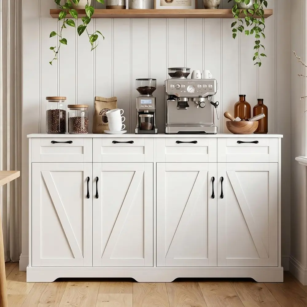 

60 White Armhouse-Style Cabinet with Storage, Coffee Bar, 4 Drawers & 4 Doors for Kitchen, Dining, Living Room