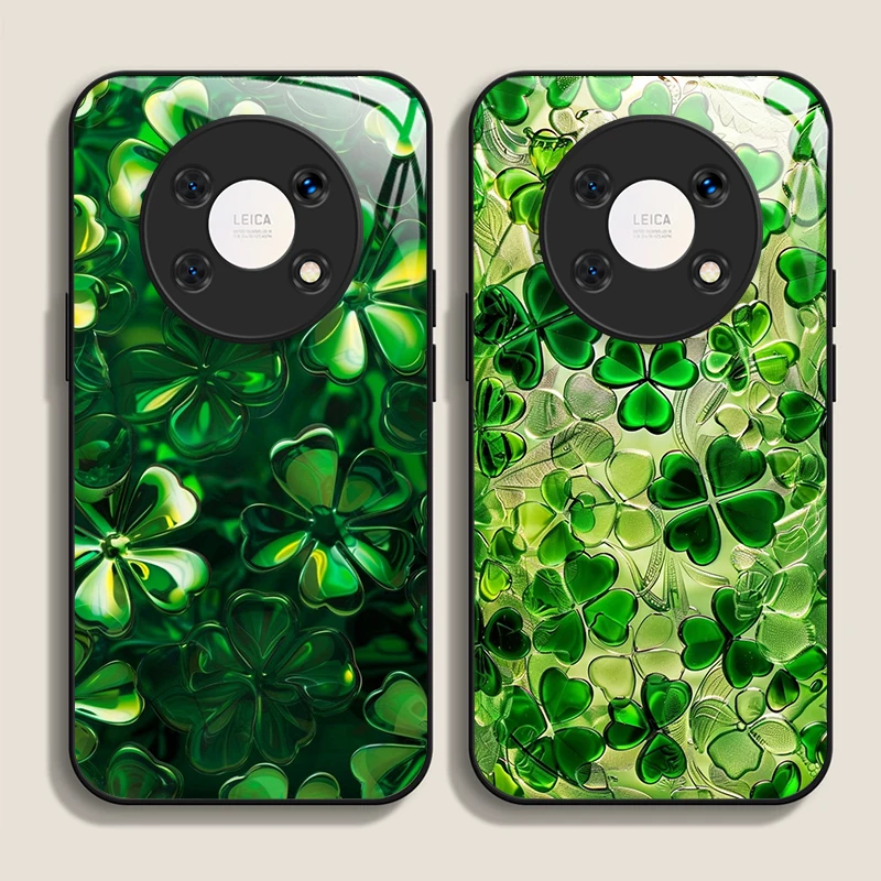 Luxurious Green Four-leaf Clover Flower Tempered Glass Phone Case for Huawei Nova 13 12 SE 11 10 Pro Mate 40 30 P60 P40 5G Cover
