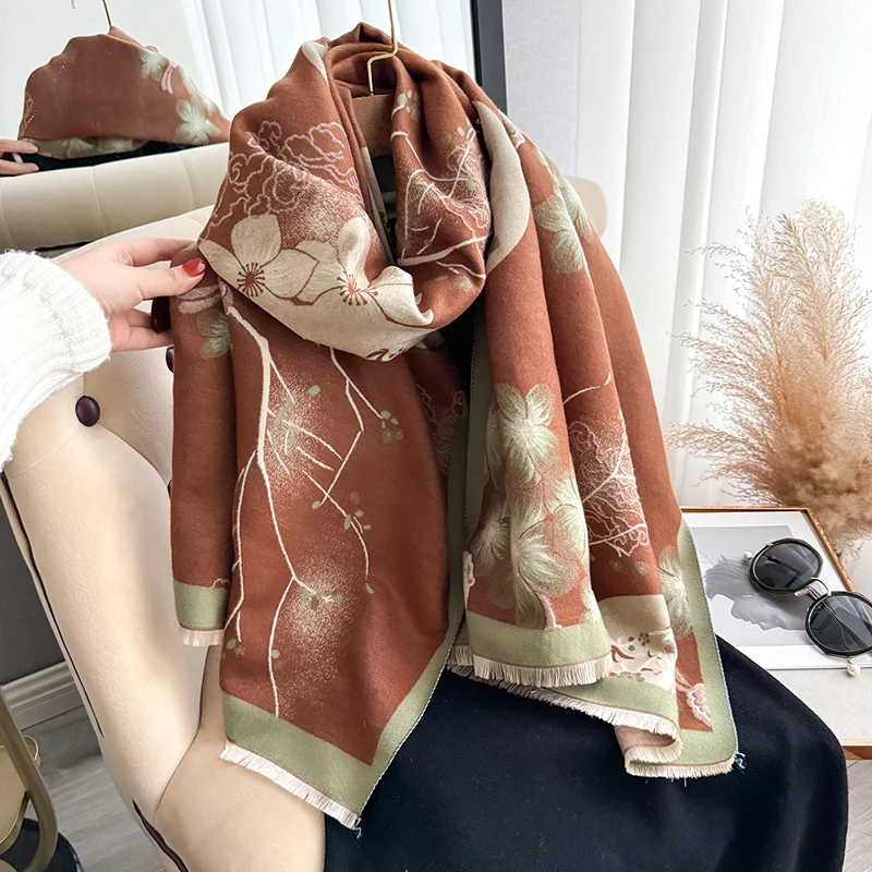 Autumn and Winter Thickened Designer Women\'s Scarf Luxury Flower Double-Sided Faux Cashmere Scarf Warm Shawl 2024 New