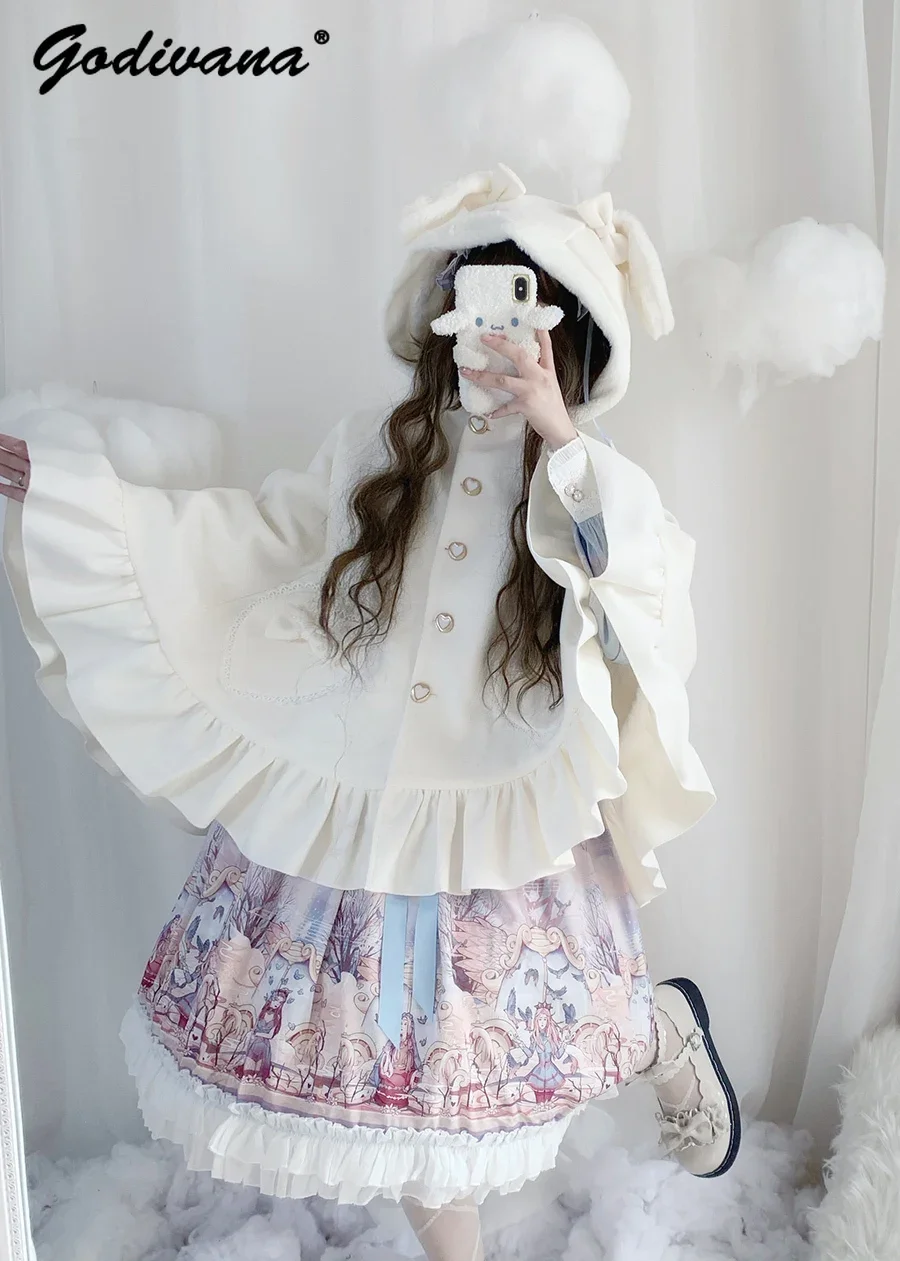 Original Rabbit Ears Thickened Fleece Cape Sweet Warm Female Girls Autumn and Winter White Hooded Lolita Poncho Coat