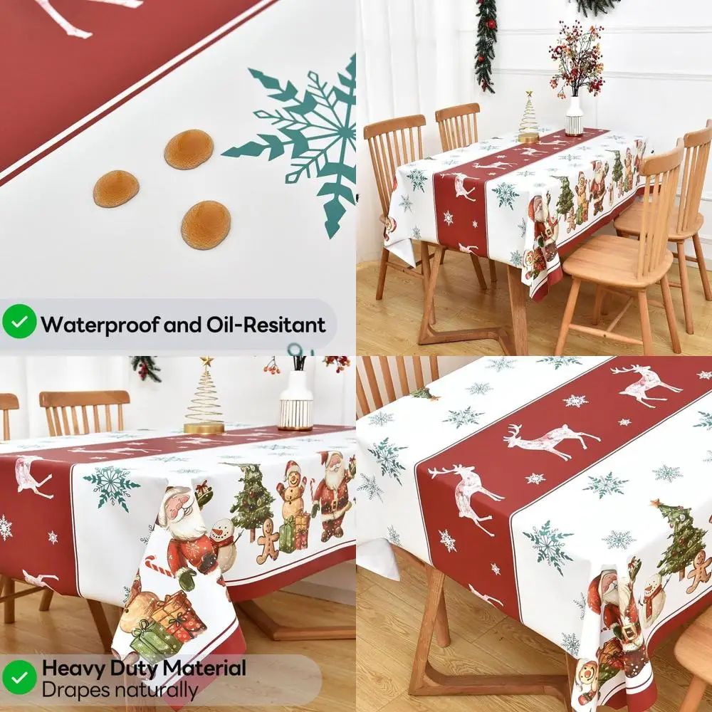 

Heavy-Duty Red Vinyl Christmas Tablecloth, Waterproof and Reusable, 54x108, Santa & Deers Design for Holiday Dining and New Year